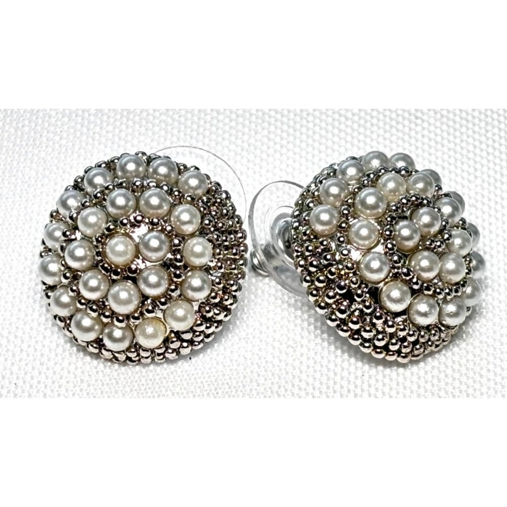 Vintage Style Pearl & Silver-Tone Dome Pierced Earrings 1 Inch Diameter